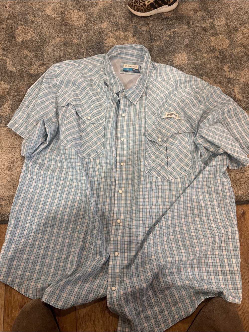 Magellan Outdoors Blue & White Plaid Short-Sleeve Button-Down Shirt pearl snap
